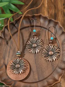 3Pcs Vintage Style Women's Earrings Necklace Set, Bohemian Jewelry Boho Jewelry Set Sunflower Irregular Geometric Round Alloy Earrings Large Hook Pendant Necklace