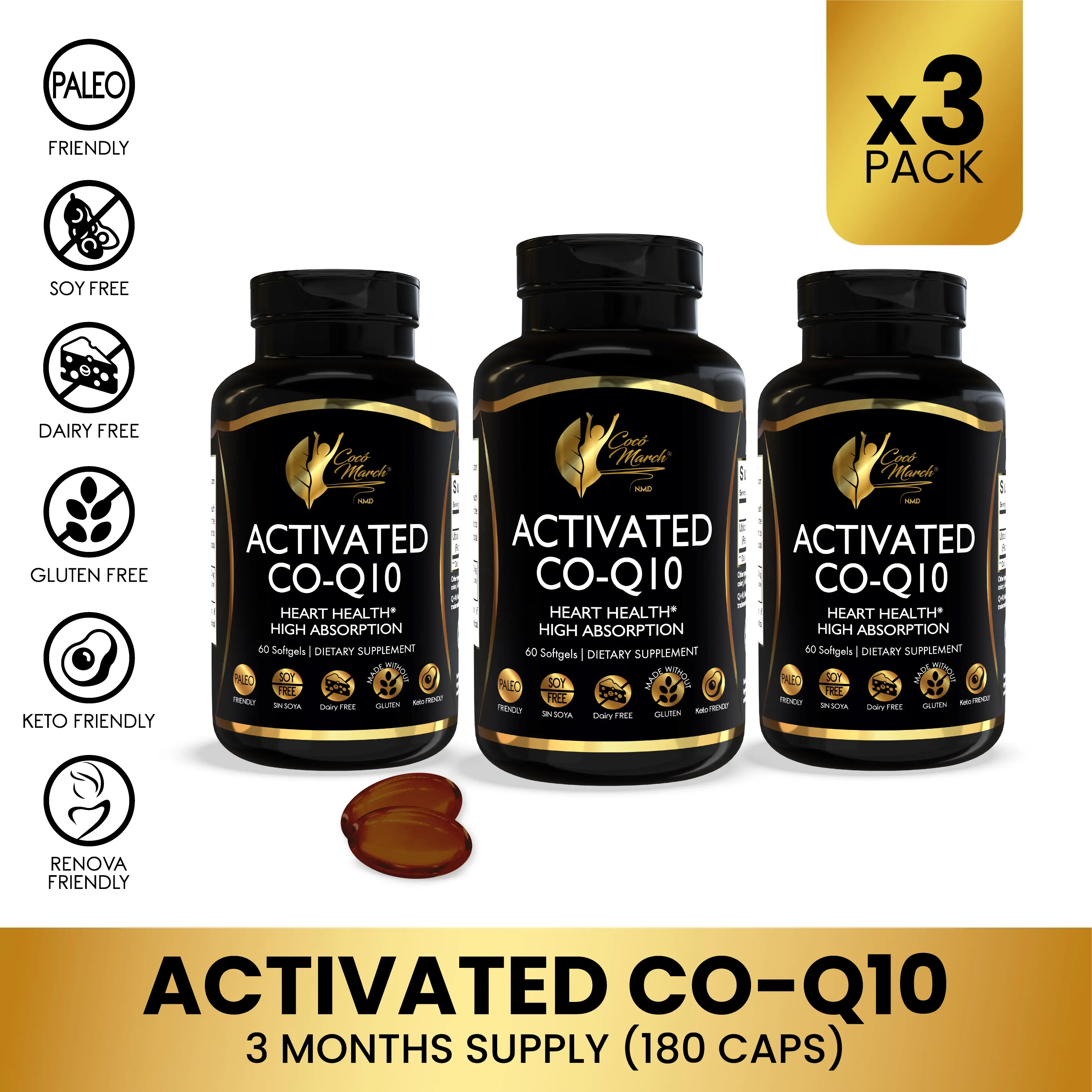 3 Bottles of Cocó March N.M.D Activated CO-Q10 Wellness Supplement