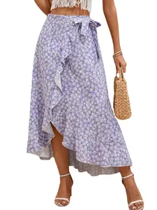 Ditsy Floral Print Ruffle Trim Tie Side Wrap Skirt, Women's Bohemian Boho Lace Up Midi Skirt for Everyday Wear and Garden Parties, Ideal for Vacations, Womenswear