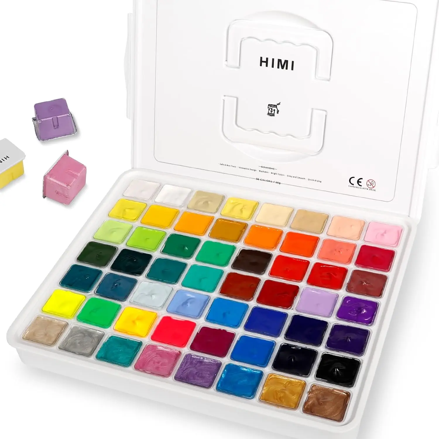 HIMI Gouache Set - 56 Colors x 30ml/1oz Art Materials with Metallic & Fluorescent Hues, Jelly Cup Design, for Canvas & Watercolor Paper, Art Supplies Haul for Beginners