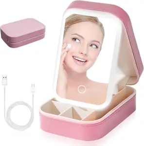 Portable Travel Makeup Bag with LED Fill-Light Mirror - Type-C Rechargeable Touch Dimmable Storage Case, Compact Cosmetic Organizer for Women, Makeup Organizer Pouch, Makeup Storage Box