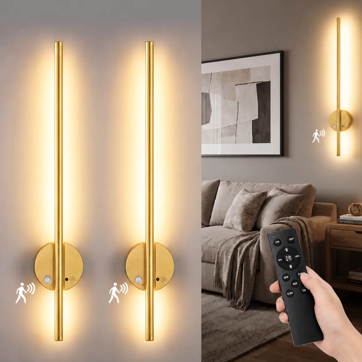 GALENTAL Set of 2 Rechargeable Motion Sensor LED Wall Sconces, Wireless Magnetic Lights with Remote, 3 CCT, Stepless Dimming, Touch Control and Timer, Black,home decor