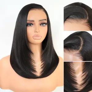 U&A Hair Synthetic 9x7 Glueless C-Part Layered Short Wig 14 Inch，Wear and Go Lace Front Straight Wig Pre Plucked Pre Cut Natural Hairline with Tiny Knots