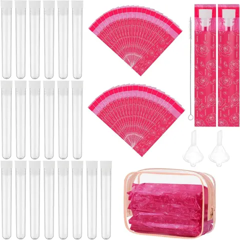 64 count Tampon Flasks Set Includes 20  Plastic Flasks, 40 Self Adhesive Wrappers, 2 Funnels, Clear Storage Bag, Straw Scrubber, Tube Flasks for Cruise Event, Concert, Outdoor  (Rose red)