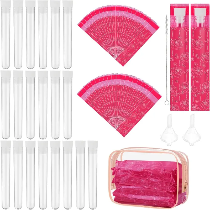 64 count Tampon Flasks Set Includes 20 Plastic Flasks, 40 Self Adhesive Wrappers, 2 Funnels, Clear Storage Bag, Straw Scrubber, Tube Flasks for Cruise Event, Concert, Outdoor (Rose red)