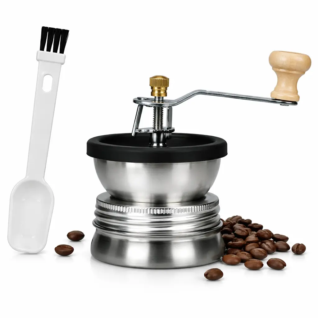 Stainless Steel Burr Manual Crank Coffee Grinder - Eco-Friendly Coffee Grinding Tool, Fits 70mm Regular Mouth Mason Jars, Ceramic Core, Calibration Marks, Lid, Portable, Easy-to-Use, Easy to Clean, Cleaning Brush Included - For On-the-Go Users, Camping, C