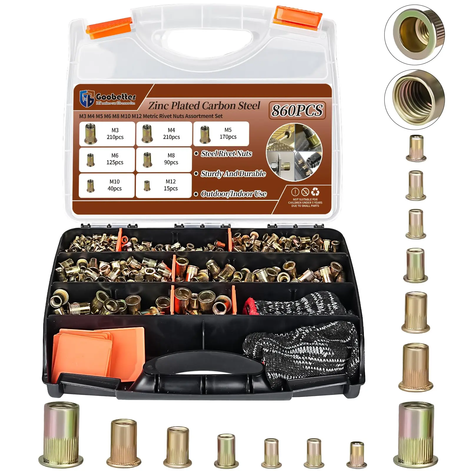 860-Piece Color-Coded Corrosion-Resistant Stainless Steel Flat Head Rivet Nut Set - Zinc-Coated Heat-Treated, Metric/Imperial Sizes, Hex Anti-Slip, Heavy Duty Fastening, for Sheet Metal Work, Automotive Repair, with Storage Case & Installation Tools