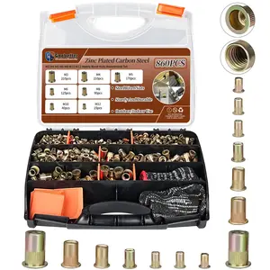 860-Piece Color-Coded Galvanized Carbon Steel Flat Head Rivet Nut Set - Metric & Imperial Sizes, for Sheet Metal Work & Automotive Repair, with Storage Case