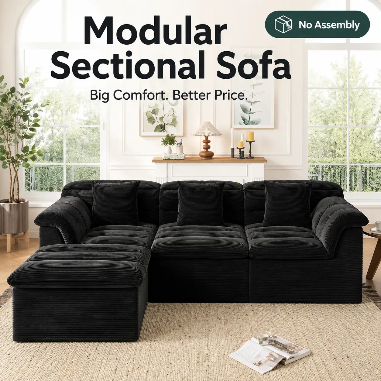 81-112 Inch Modular Boneless Couch, Corduroy Deep Seat Sectional Sofa with Chaise, No Assembly Compressed Sofa, Dual-Layer Cushions, Lumbar Back Neck Support for Apartment Living Room Movie Night