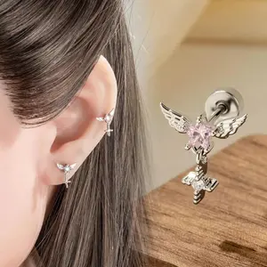 20G Cubic Zirconia Ear Stud Earrings, Hypoallergenic Titanium Angel-Wing Stackable Cartilage Helix Conch CZ Piercing Jewelry