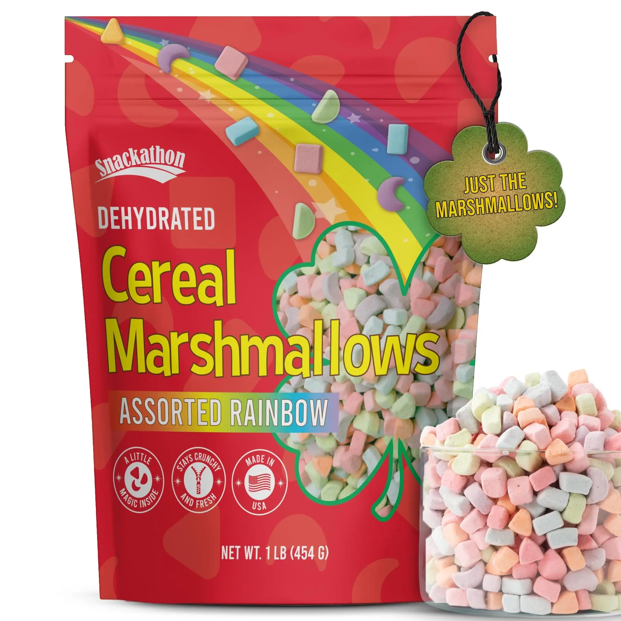 Snackathon Dehydrated Cereal Marshmallows, Assorted Rainbow Mini Bits, Resealable Bulk Bag – Fun Crunchy Lucky-Style Marshmallow Topping for Hot Chocolate, Coffee, Cereal & Desserts