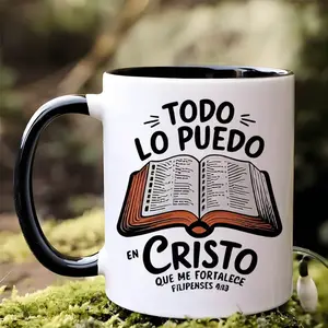11 Ounces Ceramic Coffee Mug with Inspirational Spanish Quotes Reusable, Insulated, Hand Wash Coffee Lover Only The Perfect Gift for Men And Women Black And White Design with El Libro De Cristo Illustrations, Travel Coffee Mug| Religious Themed Mug Funny