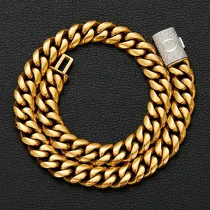 Personalized 14mm Golden Diamond Initial Letter Chunky Men's Golden Cuban Chain NecklaceGold base cover and silver flip-up letter necklace clasp HipHop Punk Style Chain Necklace for Party,Daily Decoration,Fashion men graduation ceremony jewelry timeless