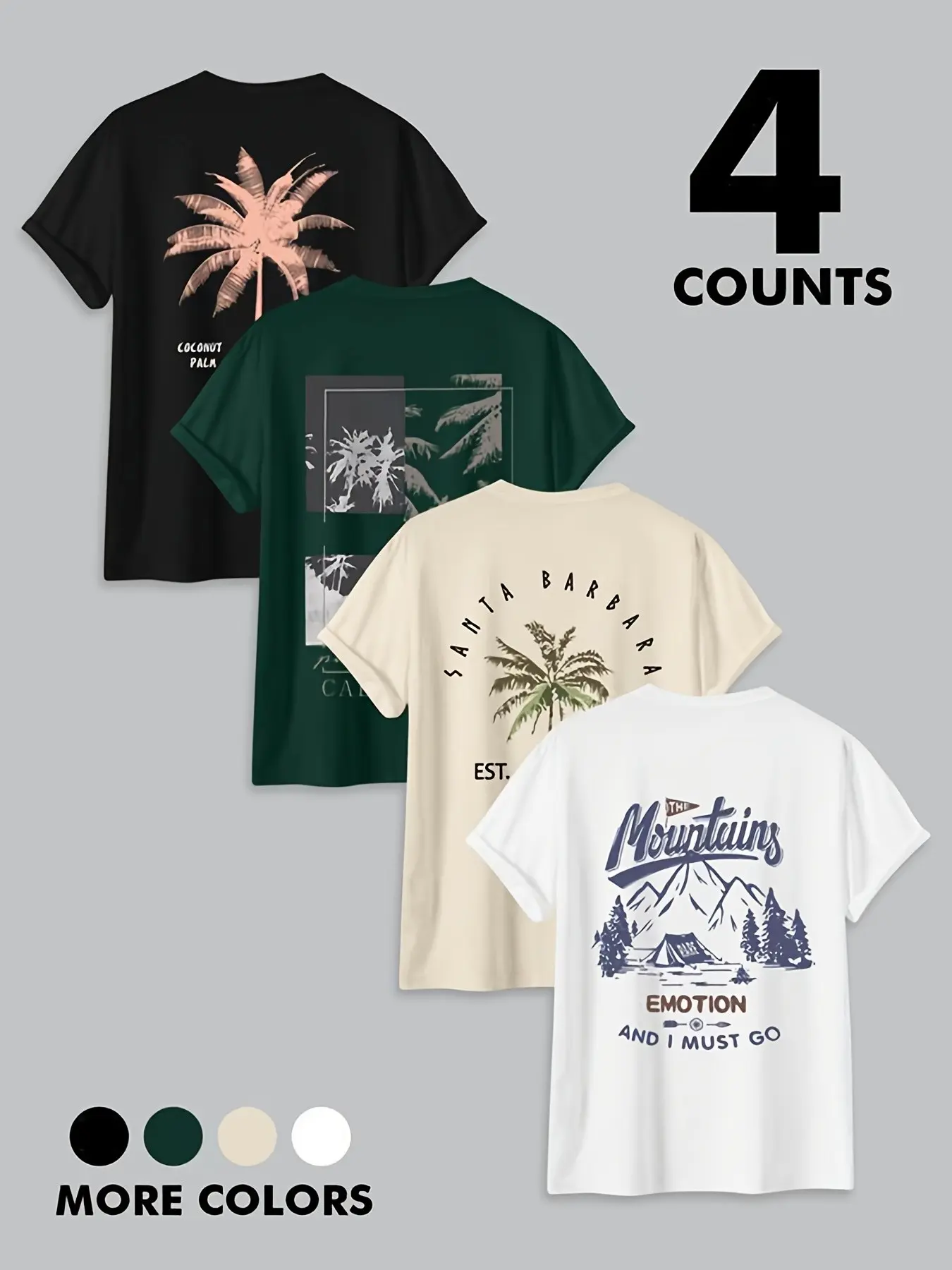 4-Pack Printed Graphic T-Shirts, Vintage Nature Style Casual Tees with Tropical Palm Tree & Mountain Prints, Breathable Crewneck Short Sleeve Tops, Perfect for Summer Beach, Camping & Daily Wear, Casual Summer Clothing