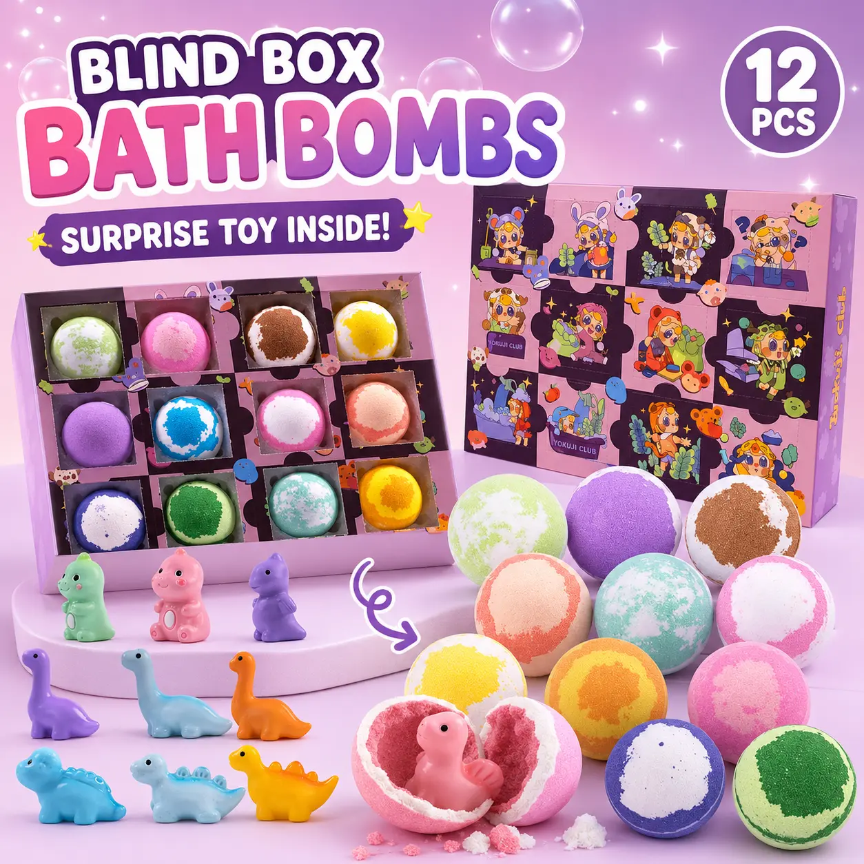 IYOKUJI CLUB 12-Piece Dinosaur Surprise Cosmetic Bath Bomb Gift Set - Body Care Bath Additives with Random Fizzies Containing Dinosaur Toys, Ideal for Kids' Unboxing Fun Bath Essentials Skin Repair