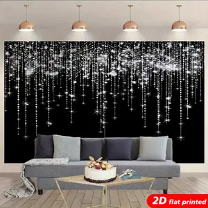 2D Flat Printed Black Silver Glitter Light Decorative Tapestry Wall Hanging - Starry Sparkle Curtain Design Backdrop for Aesthetic Home Decor, Gift