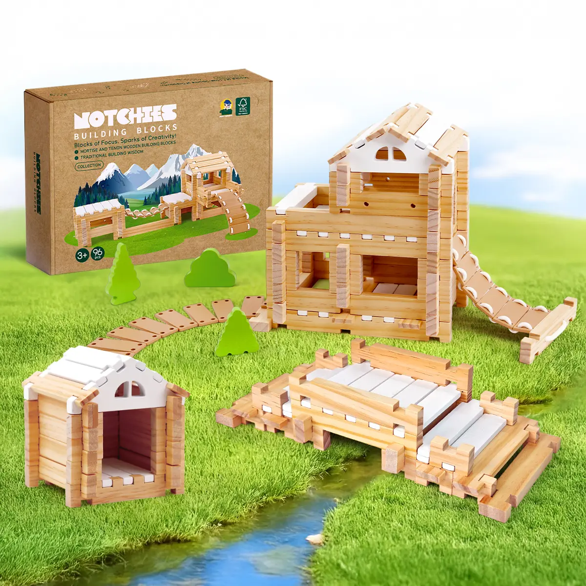 Notchies Jovi-Mindly Wooden Building Block Set - 96-Piece Montessori Model Building Kit, FSC Certified Non-Toxic Eco-Friendly DIY Playset, Wooden Assembly Kit with Storage Bag & Box, Creative Construction Stacking Blocks for Kids Ages 4-8 (Home Use)