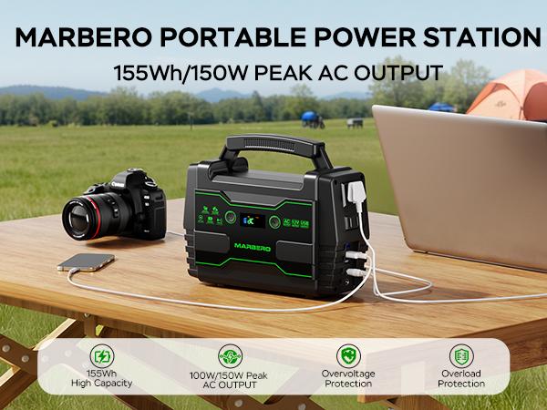 MARBERO 155Wh Solar Generator with 30W Solar Panel Portable Power Station with 2x 100W AC Outlets(150W Surge) 7 Output Ports Built-in Flashlightfor Home Blackout, Camping Essentials High Capacity Battery Usb Rechargeable Battery