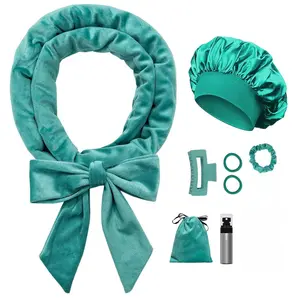 No Heat Overnight Curl Headband, 70" Soft Ribbon Wrap for Long Hair, 9 PCS Hair Curling Rods Set - Blue Green