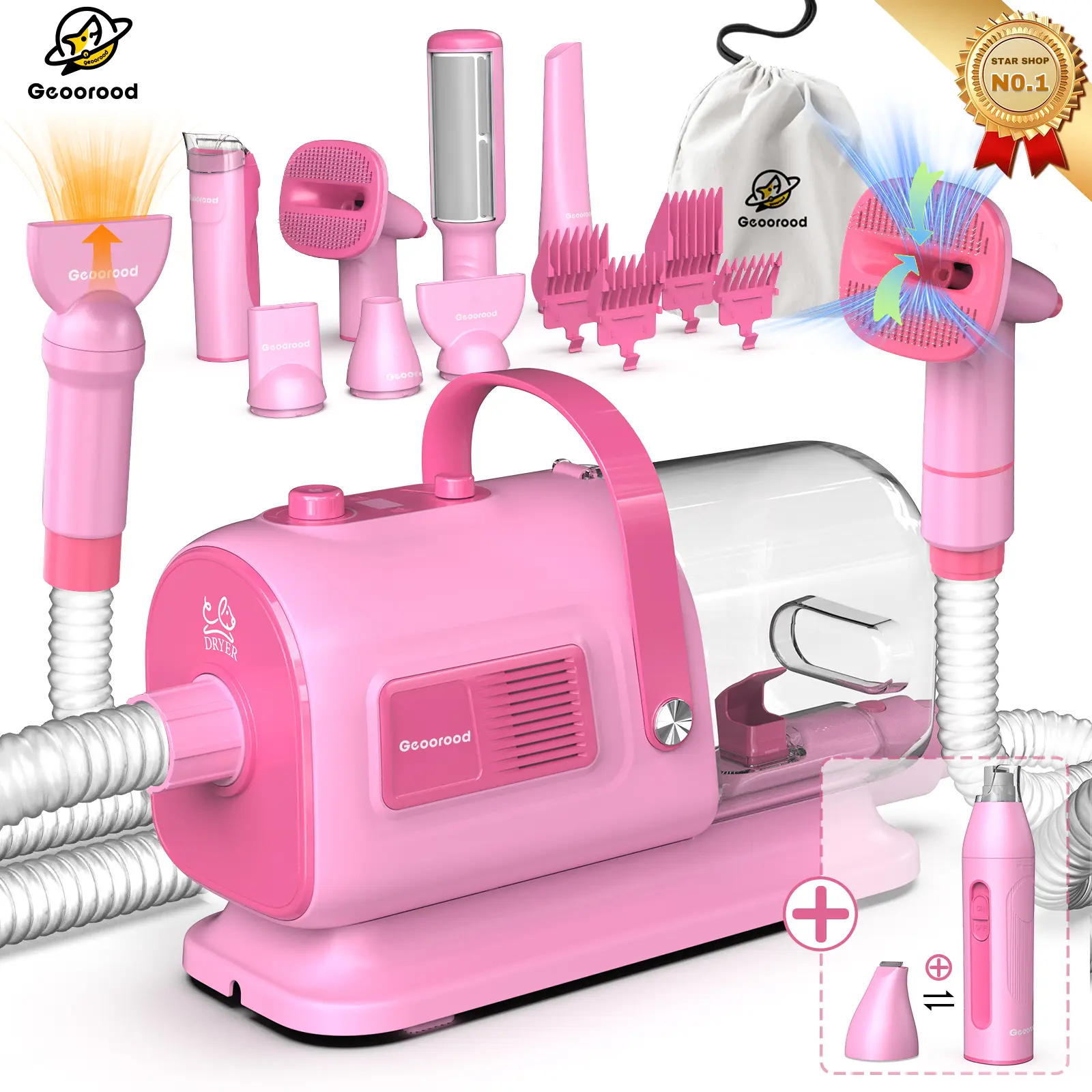 【Geoorood】Geoorood Dog Vacuum & Dryer for Shedding Grooming, 9 in 1 Dog Grooming Kit with Metal Blades Pet Clippers,Adjustable Speed&Temperature Control Blower, Professional Grooming Vacuum Kit,Proven Grooming Tool  Paw Trimmer#DealsforYouDays #SummerWins