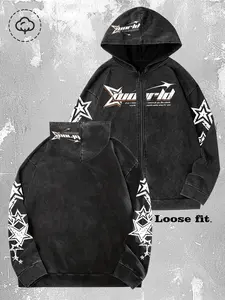 Unisex Street Style Zip Hoodie Jacket, Spring & Fall Thin Cotton Sweatshirt, Xworld Logo Star Pattern, Y2K Campus Hip Hop Fashion