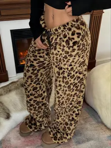 Women's Leopard Print Fleece Straight-Leg Fitted Aesthetic Pants Bow Warm Cozy Fit Suitable Outdoor Everyday Casual Wear Womenswear Warm Winter Outfit Lounge Bottoms