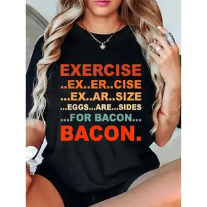 Women's Funny Bacon Exercise Pun T-Shirt - Casual Daily Black Graphic Tee for Breakfast Enthusiasts & Gym Humor Lovers, Featuring Egg & Bacon Wordplay