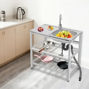 Freestanding Stainless Steel Sink with Faucet for Kitchen Outdoor Bar Cafe