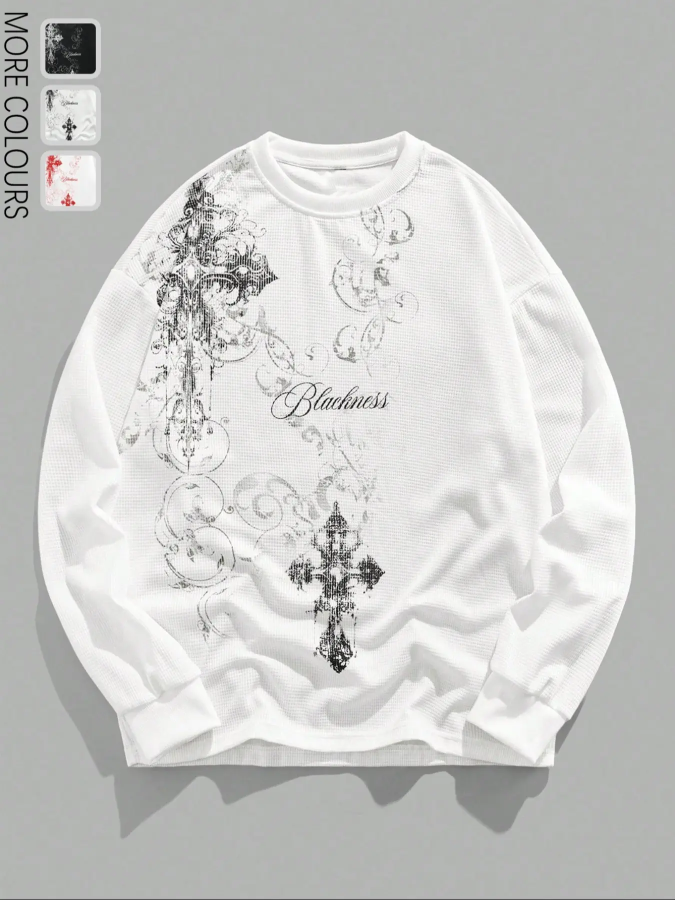 Men's Waffle Fabric Gothic Cross Print White Hoodie, Casual Fitted Long Sleeve Fall & Winter Sweatshirt, and Colors Available Tops