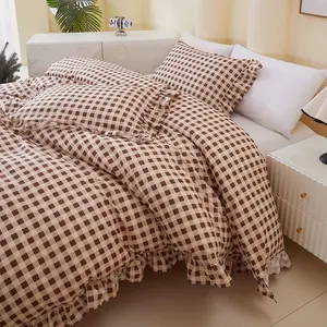Romantic Plaid Ruffle Bedding Set, Checkered Bedding Set, Includes 1 Duvet Cover and 2 Pillowcases No Insert, Soft Fabric, Detachable Zipper, All Seasons, Ideal Gift