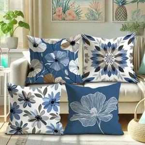 4Pcs Spring Floral Decorative Velvet Pillow Covers - Blue/White/Black Modern Polyester Cushion Covers with Zipper for Living Room/Bedroom