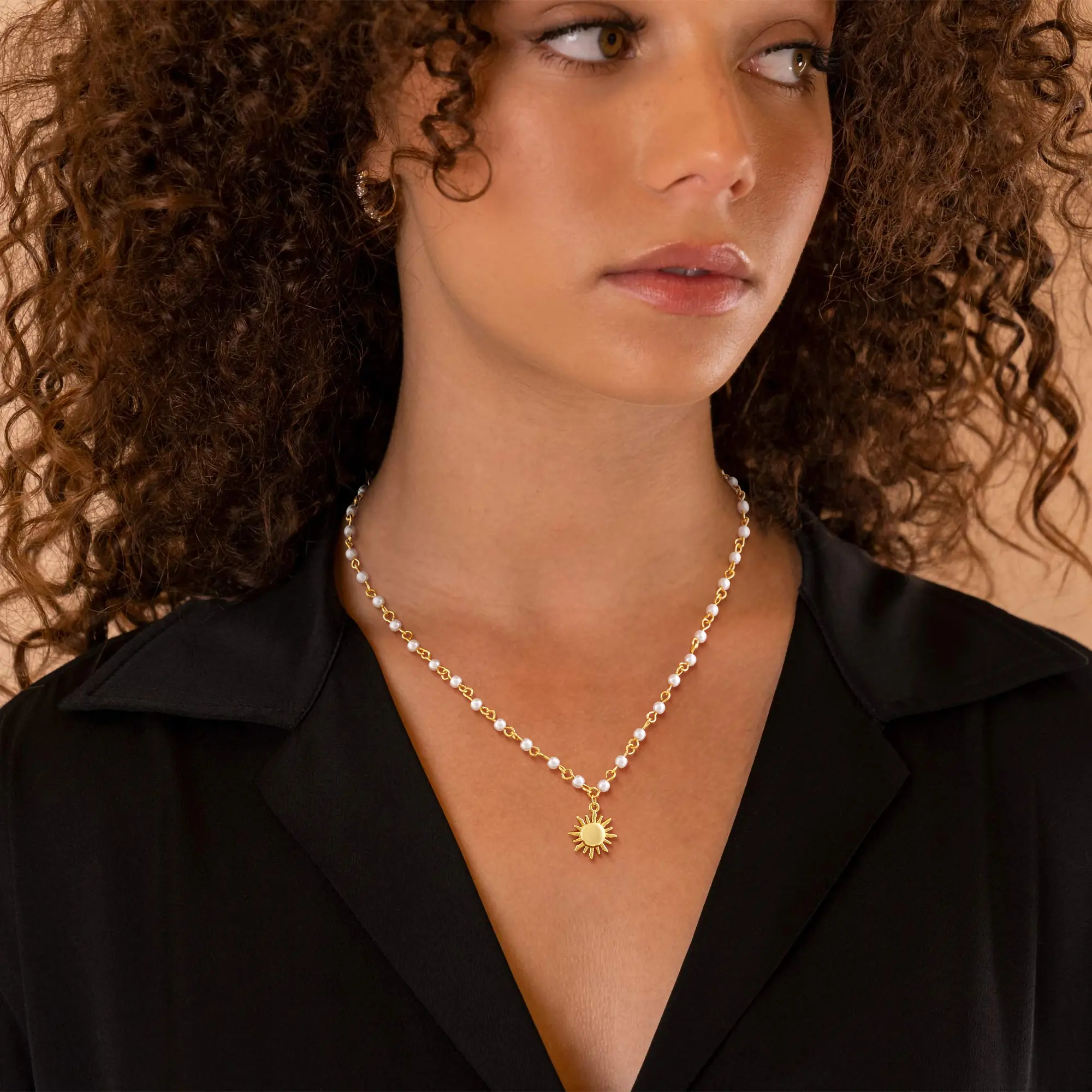 Tewiky 14K Gold Plated Neclace For Women Sun Charm Necklace for Women Gold-Tone Plated Boho Pendant Adjustable Stainless Steel Choker with Pearl Accents Celestial Wedding Sunshine Jewelry Unique Present for Best Friend,Valentine's Day Gift