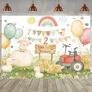 1pc Whimsical 2-Year Farm Birthday Party Banner - Vibrant Polyester Photo Backdrop with Cartoon Sheep, Tractor & Balloons for Youngsters' Parties, Photo Booth Props & Seasonal Decor, Farm Party Decorations Ornaments White