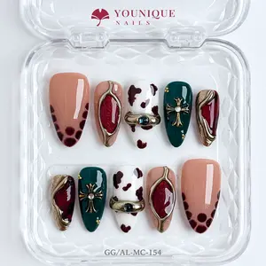 Younique Nails Medium Almond Nails Collection Handmade Press-On Nails Reusable Colorful Art Glossy Design with Flowers & Gold Accents acrylic lovers long-lasting high quality Luxury  Pearls and Rhinestones 3D stylish office wear cherry