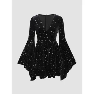 Velvet V-neck Star & Moon Pattern Bell Sleeve Wizard Romper