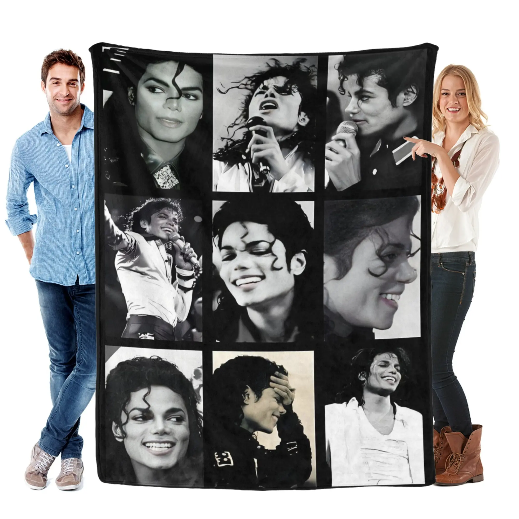 Michael Jackson Collage Portrait Printed Flannel Blanket - Black Backdrop with Iconic B&W Photos, Soft Throws for MJ Fans, Birthday Gift, Decorative Leisure Blanket