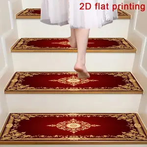 [Non-Slip Step Mats] Red and Golden Ornate Pattern 2D Flat Printed Stair Treads, Non-slip Step Mats, and Protective Step Carpets. Suitable for Indoor Stairs, Wooden or Hard Surfaces, and Hallway Entrances.