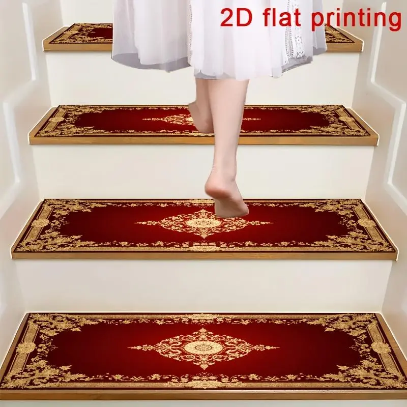 [Non-Slip Step Mats] Red and Golden Ornate Pattern 2D Flat Printed Stair Treads, Non-slip Step Mats, and Protective Step Carpets. Suitable for Indoor Stairs, Wooden or Hard Surfaces, and Hallway Entrances.