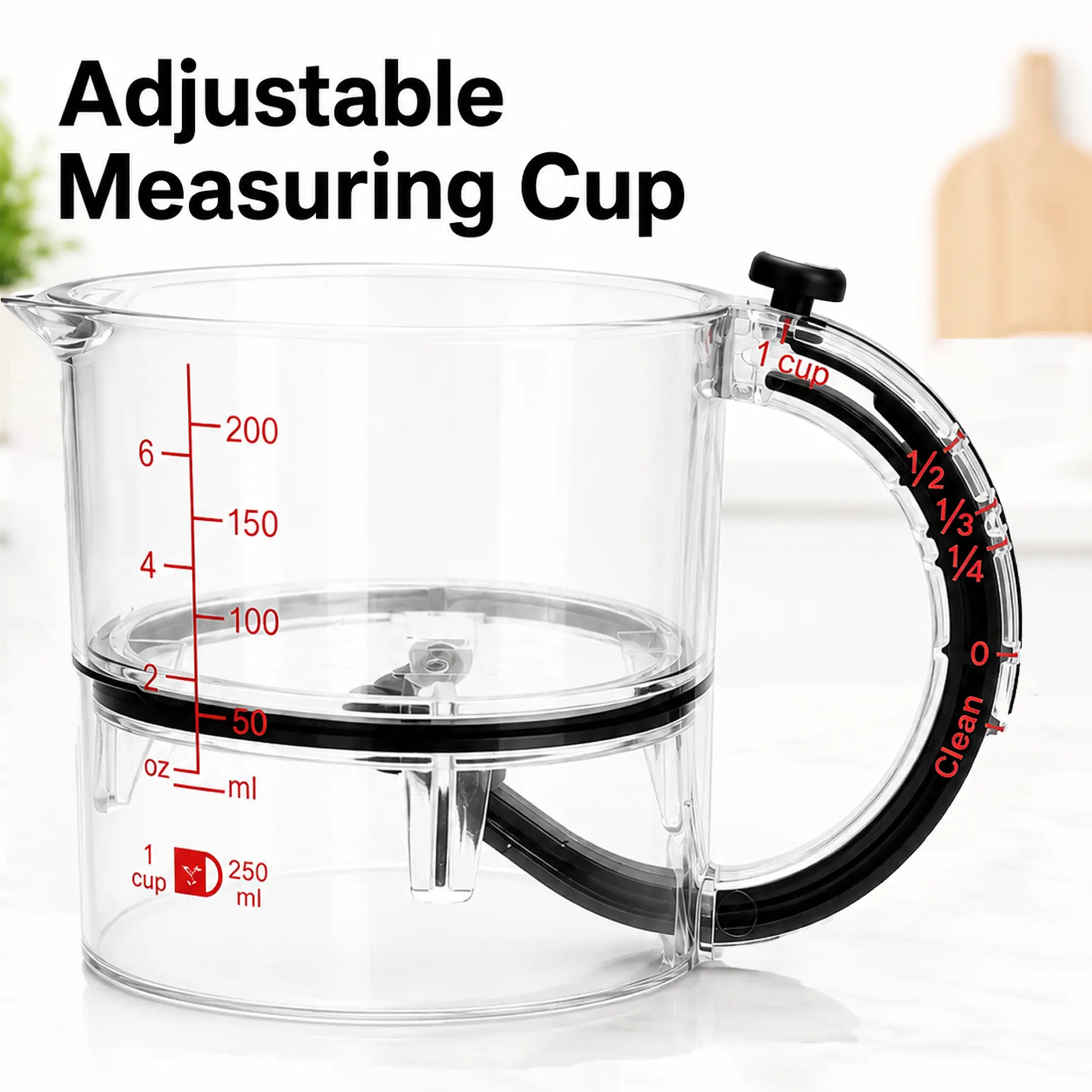 Adjustable Measuring Cup 4-in-1 Design 1/4 1/3 1/2 1 Cup Easy to Adjust Transparent Plastic Kitchen Tool