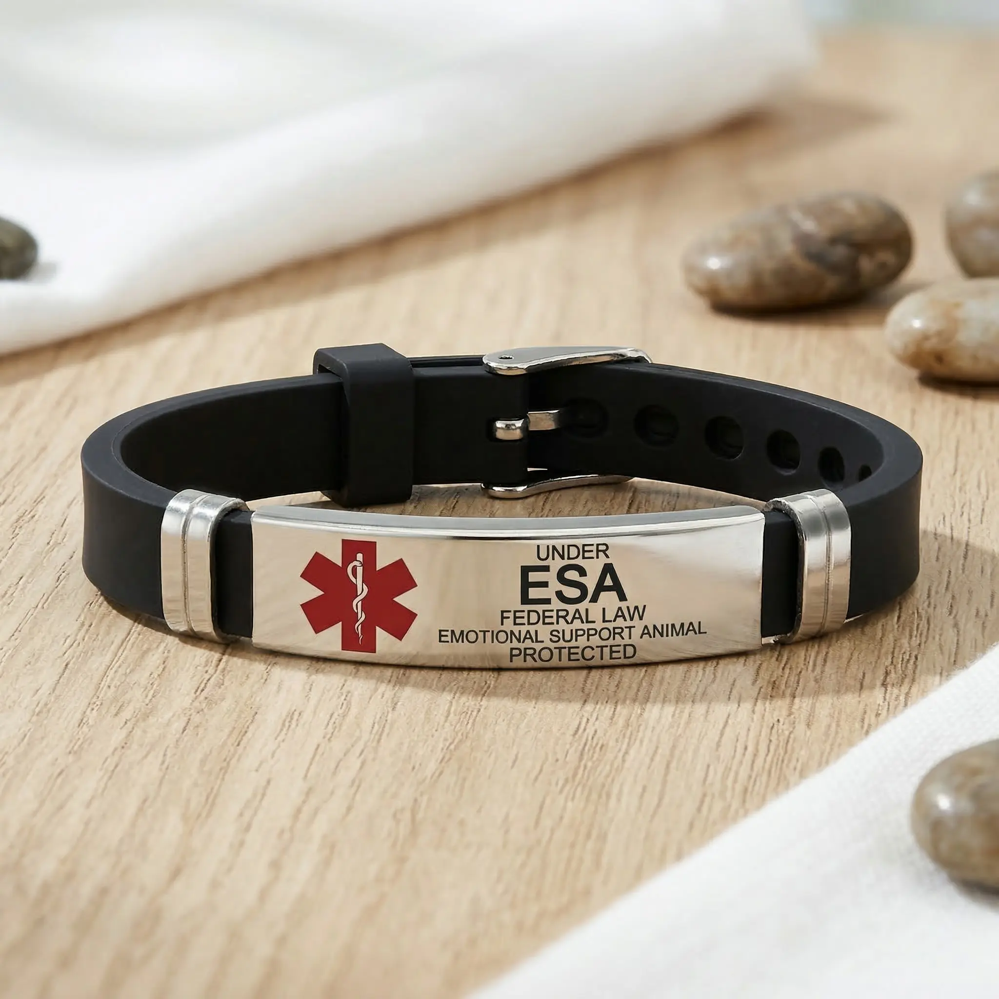 Hypoallergenic Silicone Medical Alert Bracelet for Emotional Support Animal, Waterproof Band for Men & Women with Adjustable Stainless Steel Buckle, Sweat Resistant, High-Quality Soft Silicone, Daily, Nearly All Wrist Sizes, Unisex, Wipe Clean