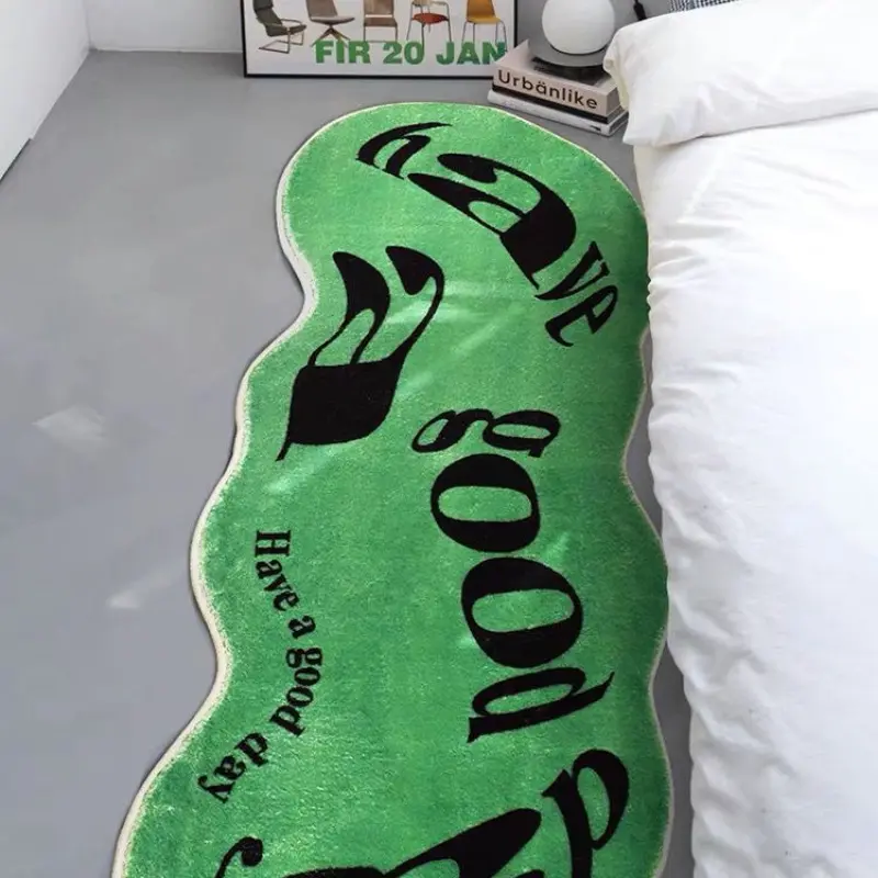 Have a good day English letter pattern carpet green irregular shape bedside plush carpet ins style bedroom decoration carpet modern trend living room carpet home washable entrance door mat