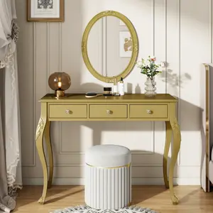 Luxury Makeup Vanity Desk with Oval Mirror, 3-Drawer Dressing Table for Jewelry Storage, Elegant Console Table for Entryway, Living Room & Bedroom, Stylish Home Decor, Gold