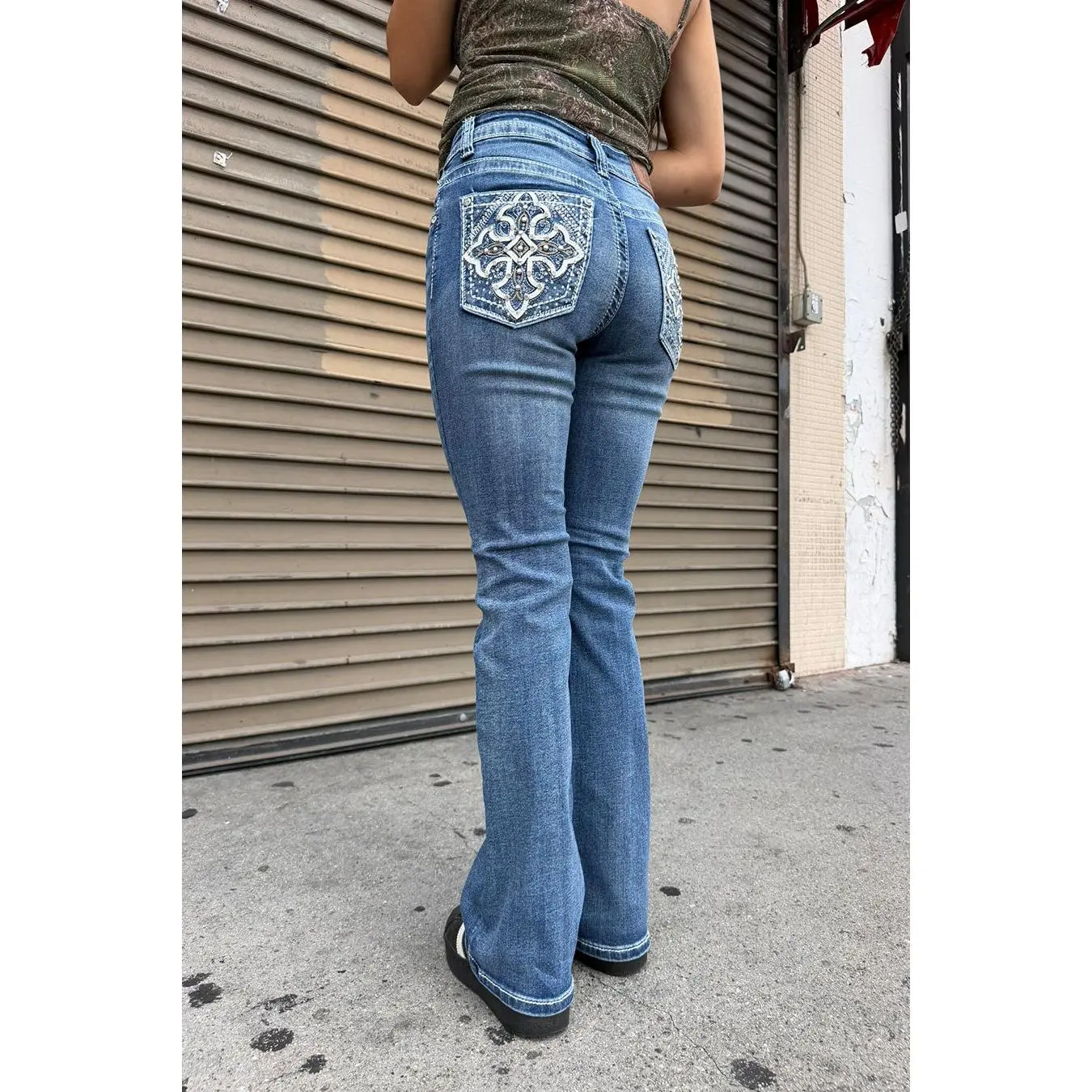 2000s Style Western Cross Rhinestone & Studded Bling Back Pocket Bootcut Jean with Good Stretch
