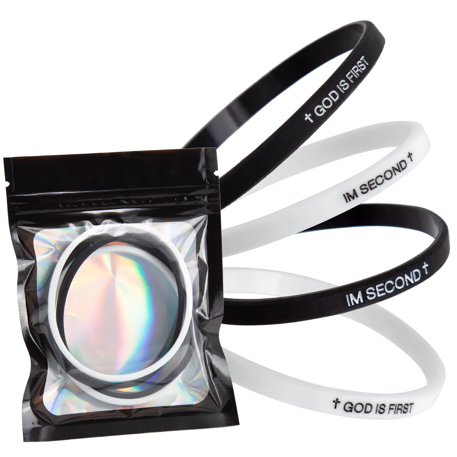 4 Pack GOD IS FIRST IM SECOND Bracelets - Interchangeable Black & White Christian Silicone Bands, Mix & Match Scripture Wristbands, and Uplifting Chri