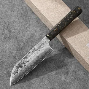 Yuanren 7'' Carbon Fiber Santoku Knife - W61F 61-Layer Hammer-Forge Damascus Stainless Steel Blade, Black Gold Carbon Fiber Handle with Gold Foil, Kitchenware Cooking Cut Knives Utensils for Dora's Kitchen