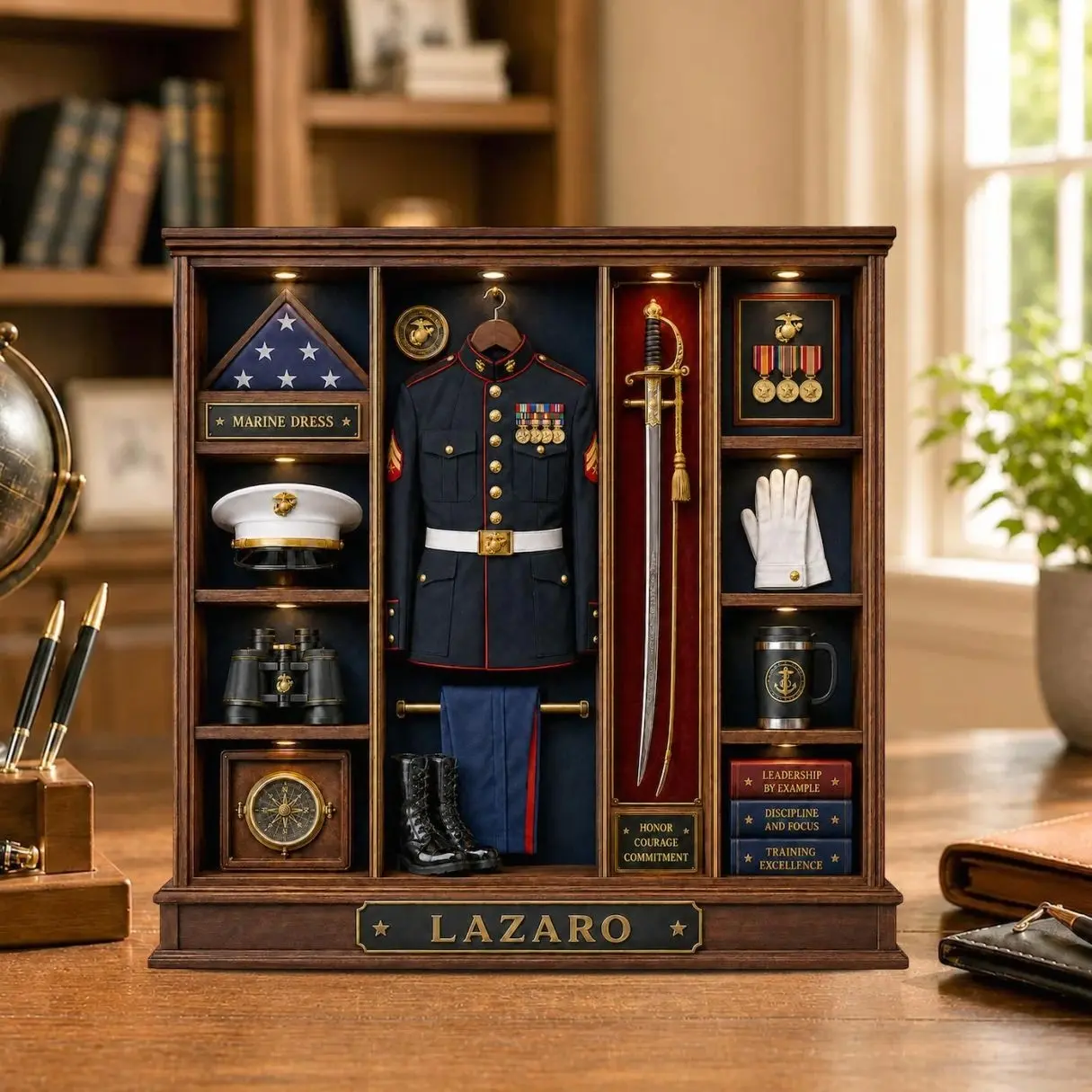 Personalized Marine Dress Blues Display, USMC Retirement Gift, Custom Marine Name Sign, Military Service Keepsake, Veteran Desk Decor
