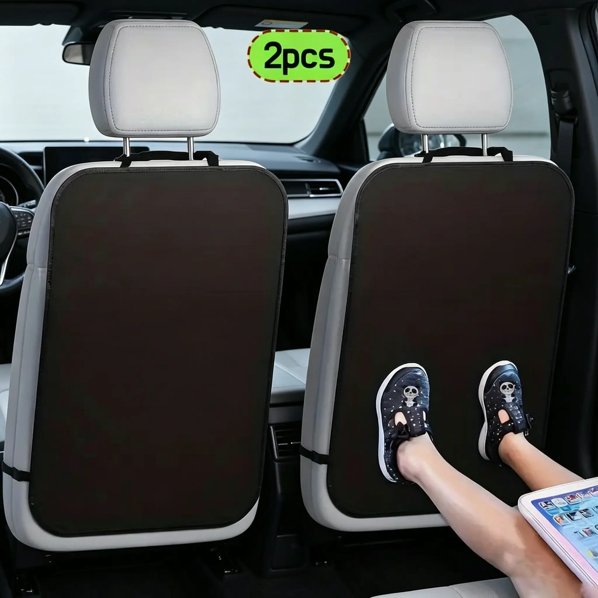 2pcs Large Black Car Seat Back Kick Protectors with White Headrest, Stain & Dirt Resistant, Smudge & Scratch Proof, Easy-Install Interior Protection Covers for Most Vehicles