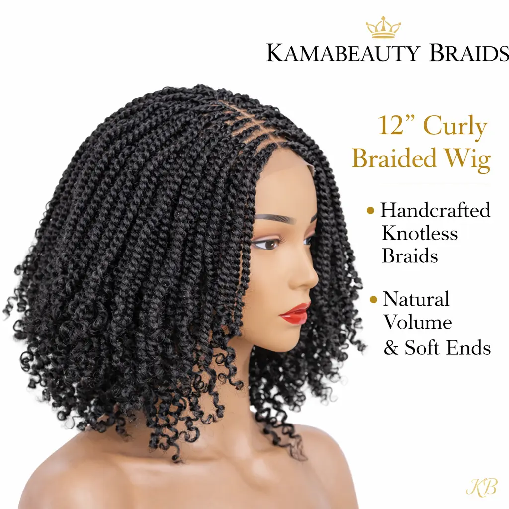 Luxury Curly Twist Bob Wig handmade by KAMABEAUTY BRAIDS. This knotless braided wig features soft curly ends, natural volume, lightweight feel, and HD lace for a realistic hairline. Perfect for everyday wear and special occasions.