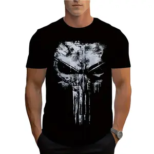 Men's Black Skull Print T-Shirt The Punisher White Skull Design Geometric Patterns Casual Tees  Paint Drip Print Streetwear Cotton Tops