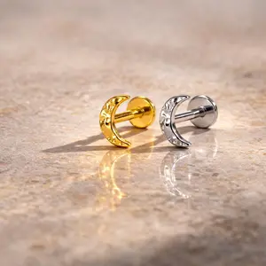 Piercing Jewelry,  Titanium Moon Hammer Finish Flat Back Earring, Celestial Labret Studs, Cartilage Nose Tragus Conch Helix Stud, Screw Back Earrings